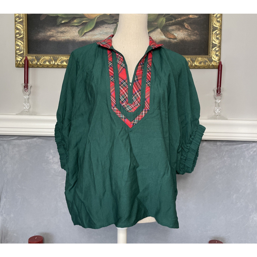Entro Green Tunic Plaid Trim Boho Oversized Blouse Medium
